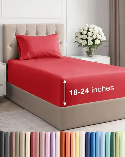 Vista 185 de Sábanas individuales de bolsillo extra profundo, sábanas transpirables y refrescantes de 3 piezas, juego de sábanas de lujo para hotel, suaves, sin