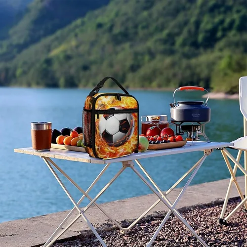 Vista 8 de Fiambrera de fútbol – Bolsa de almuerzo de fútbol reutilizable para mujeres, hombres y niños – Pequeña lonchera portátil plegable aislada