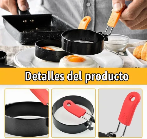 Vista 4 de Anillos de huevo de acero inoxidable para freír, anillos redondos para cocinar, moldeadores de panqueques con mango de silicona naranja, moldes A-2