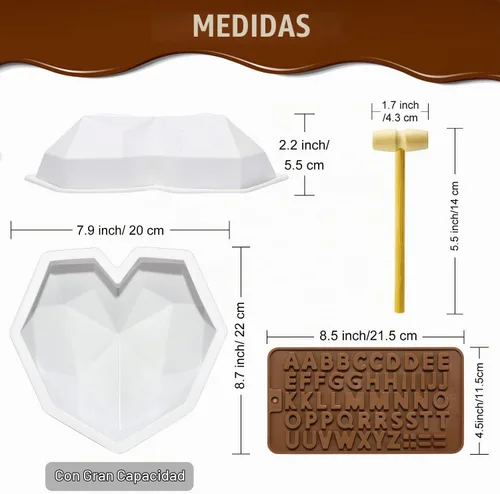 Vista 2 de Molde de silicona en forma de corazón de diamante, molde de chocolate de 8.7 pulgadas, moldes de silicona de diamante para el día de San Valentín