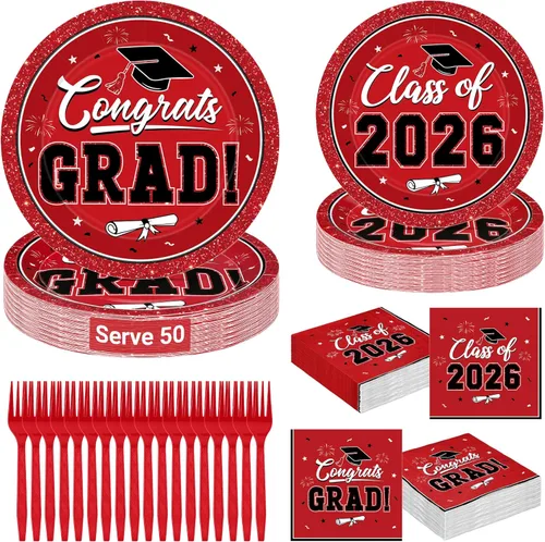 Vista 12 de QZYL 200 suministros para fiesta de graduación 2026, platos y servilletas de graduación negros y dorados, platos de postre desechables y tenedores
