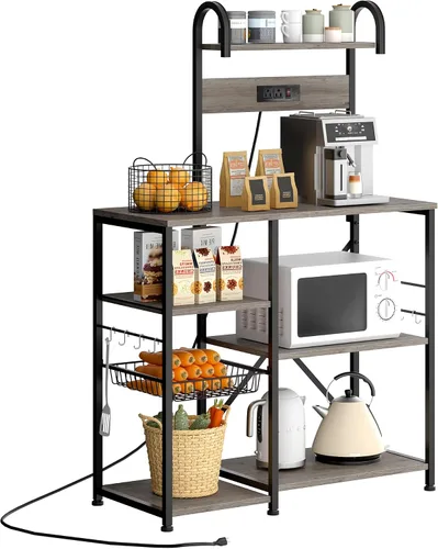 Vista 9 de JAMFLY Estante para hornear de cocina de 35.4 pulgadas con toma de corriente, mesa de café y soporte para microondas, estante de almacenamiento