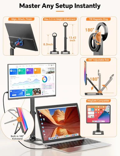 Vista 4 de HotYeah Monitor portátil de viaje con soporte, con soporte magnético