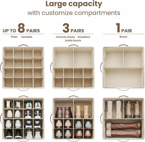 Vista 4 de Varhomax Shoe Organizer Box for Closet, Fabric Shoe Storage Bin with Adjustable Dividers & Clear Cover, Holds up 16-32 Pairs of Sneakers & Sandals