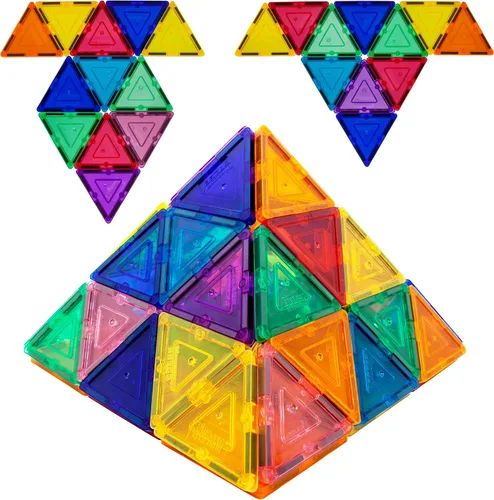 Vista 6 de PicassoTiles Juego combinado de azulejos magnéticos equiláteros pequeños + 353 piezas de azulejos magnéticos, 12 piezas de bloques de construcción