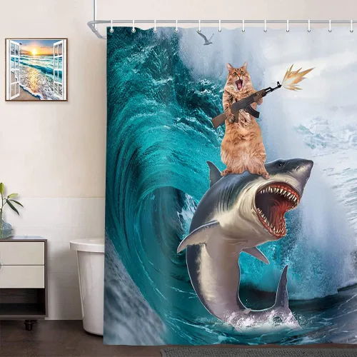 Vista 8 de NYMB Divertida cortina de ducha de gato para baño de niños, genial gato montando ballena, tiburón en olas del océano, cortinas de ducha de tela