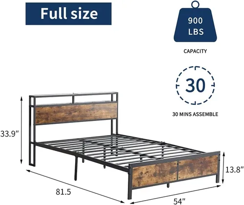 Vista 2 de Base de cama matrimonial con luces LED y 2 puertos de estación de carga USB, base de cama de plataforma de tamaño matrimonial, no necesita somier