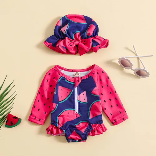 Vista 2 de Traje de baño de una pieza con cremallera de manga larga para bebé niña con gorro
