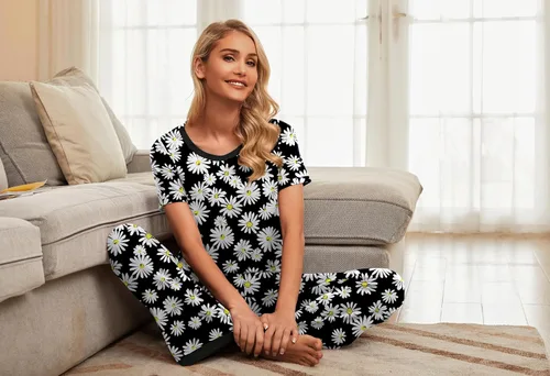 Vista 5 de PrinStory Conjunto de pijama de manga corta para mujer, pijama suave con bolsillos 2023