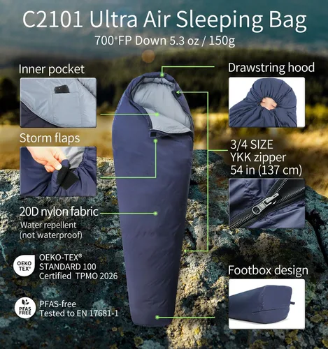 Vista 3 de Litume Saco de dormir ultra compacto de plumón para 3 estaciones, saco de dormir de 700 rellenos para 3 estaciones, ultra ligero, compacto