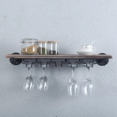 Vista 5 de Estante de vino industrial montado en la pared con soporte para 5 vidrios,Estante flotante para copas de vino,Estantería de tubo de 24 pulgadas