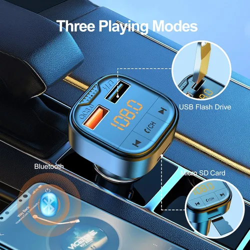 Vista 6 de Adaptador Bluetooth para coche, transmisor FM Bluetooth para coche, reproductor de MP3 QC3.0 carga rápida para todos los teléfonos inteligentes