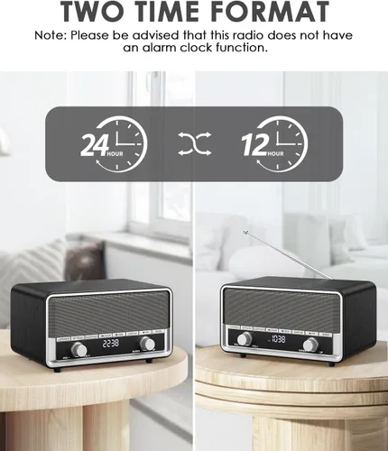 Vista 2 de Radio Bluetooth AM FM de madera retro con pantalla de tiempo