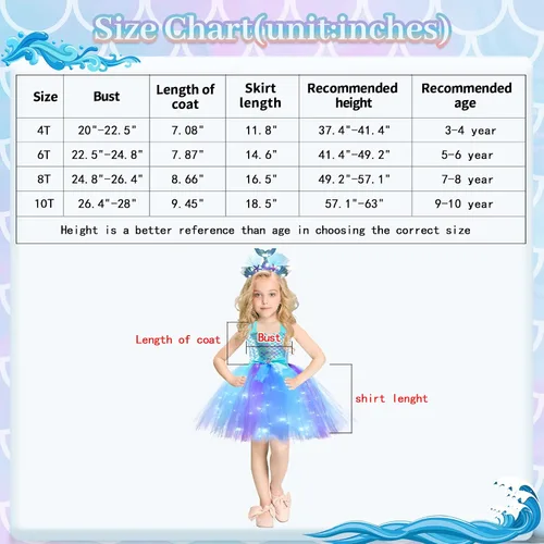 Vista 5 de Girls Mermaid Tutu Dress for Birthday Party, LED Light Up Halloween Mermaid Outfit Dress Up Dress with Headband