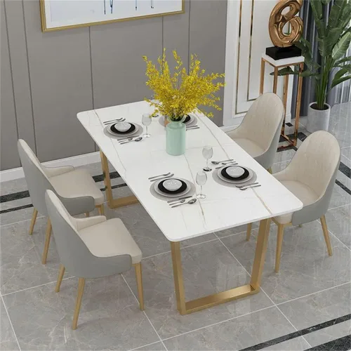 Vista 9 de LAKIQ Mesa de comedor rectangular moderna de piedra sinterizada para apartamento, cocina, comedor, solo con pedestal doble