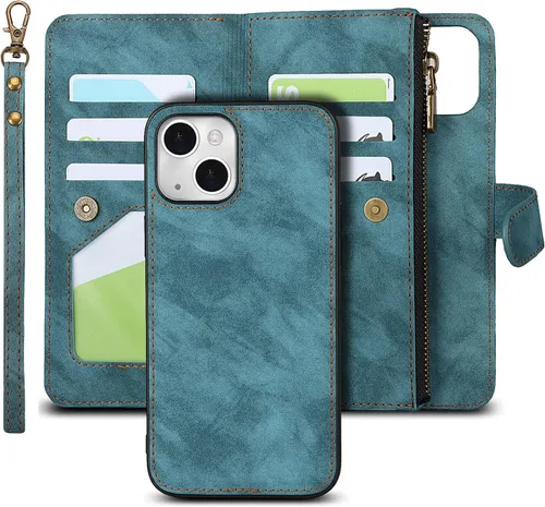 Vista 12 de iCoverCase Compatible con iPhone 13 - Funda tipo cartera para teléfono con tarjetero, piel sintética, bolsillo con cremallera, magnética
