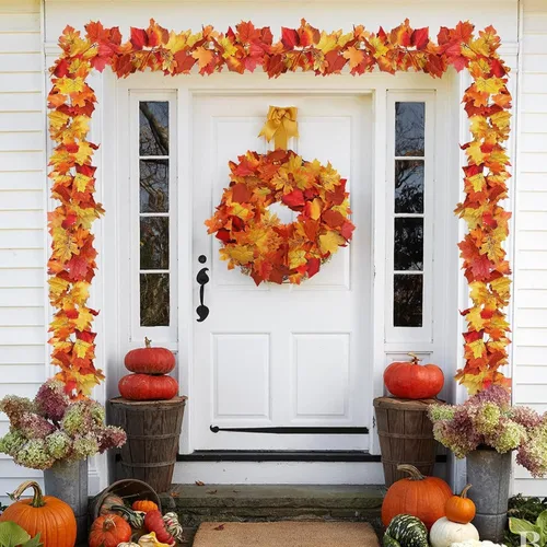 Vista 6 de Paquete de 2 guirnaldas de hojas de otoño con luces, funciona con pilas, decoración de Acción de Gracias Extra Long 23.6Ft Maple Garland with