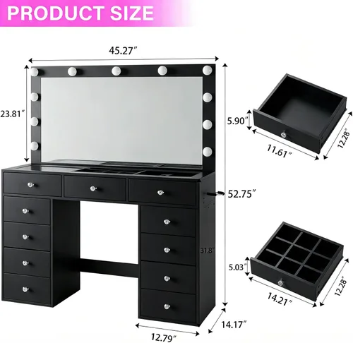 Vista 3 de CollaredEagle 45" Large Black Vanity Desk with Vibrant RGB Lighting.