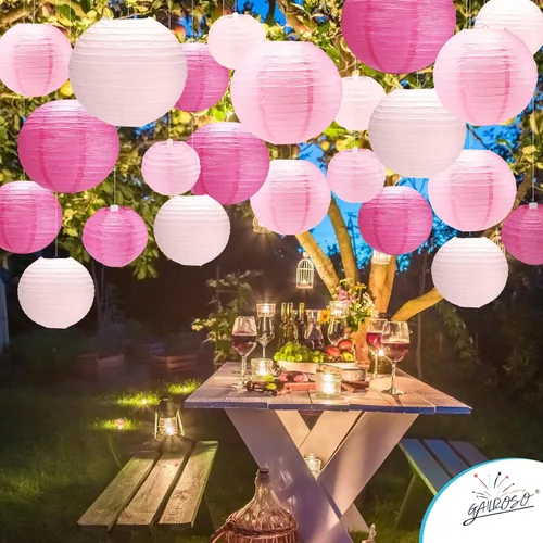 Vista 5 de 21 linternas de papel rosadas, 4, 6, 8, 10, 12 pulgadas, para colgar en interiores y exteriores, con cinta y cuerda para graduación, cumpleaños