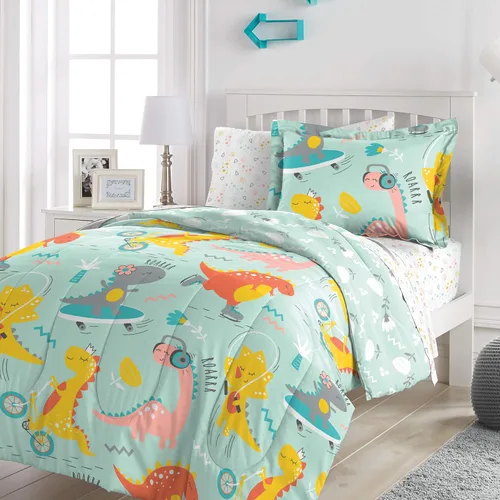 Vista 135 de Dream Factory Dinosaur Blocks - Juego de edredón de microfibra ultrasuave para niños, color azul, tamaño individual Bloques de dinosaurios azules