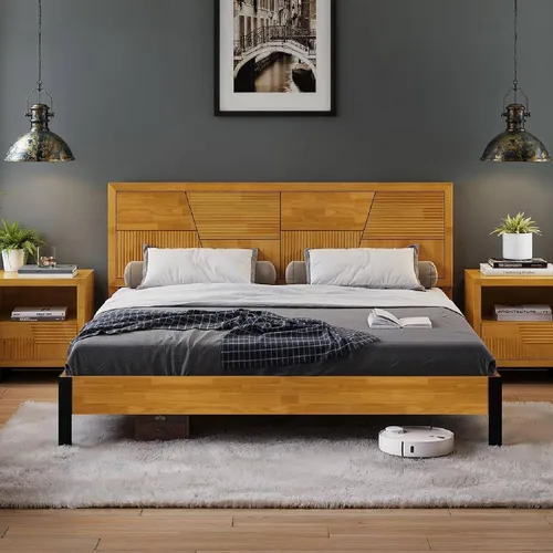 Vista 12 de Estructura de cama Queen en forma de trapecio de Bme – Cama moderna de madera maciza con cabecero de patrón suave, patas de metal negro, acabado
