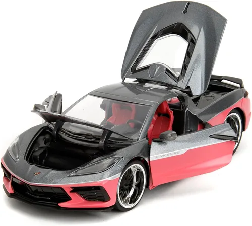 Vista 6 de Jada Pink Slips 1:24 W6 2020 Chevy Corvette - Auto fundido a presión, juguetes para niños y adultos (gris metálico/rosa)