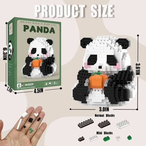 Vista 2 de Mini bloques de construcción de Halloween, panda sentado con calabaza, micro bloques de juguete para niños de 6, 7, 8, 9+, juegos de construcción