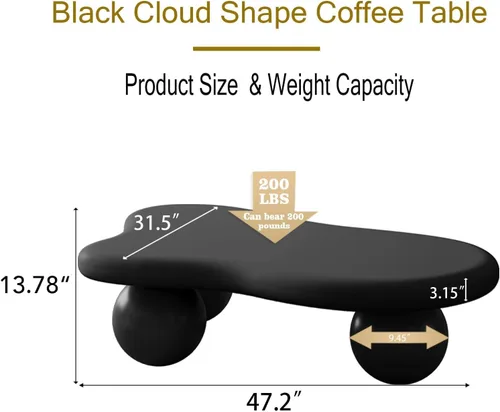 Vista 2 de Mesa de centro de nube de 47 pulgadas para sala de estar, mesa de centro irregular moderna, mesas de centro bajas abstractas, piedra sintética, Negro