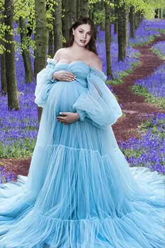 Vista 4 de Vestido de maternidad de tul hinchado para sesión de fotos, batas de manga larga, hombros descubiertos, lencería transparente, vestidos de baby