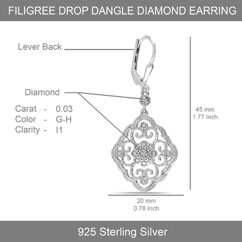 Vista 4 de LeCalla 925 Sterling Silver Filigree Dangle Drop Leverback Earrings for Women Long 925 Silver Dangle Leverback Earrings Hypoallergenic Filigree