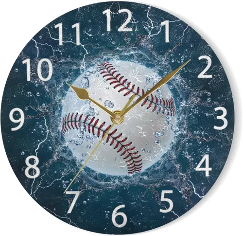 Vista 7 de senya Reloj de pared redondo de béisbol, silencioso, sin tictac, pintura al óleo, decorativo, para el hogar, oficina, escuela, arte
