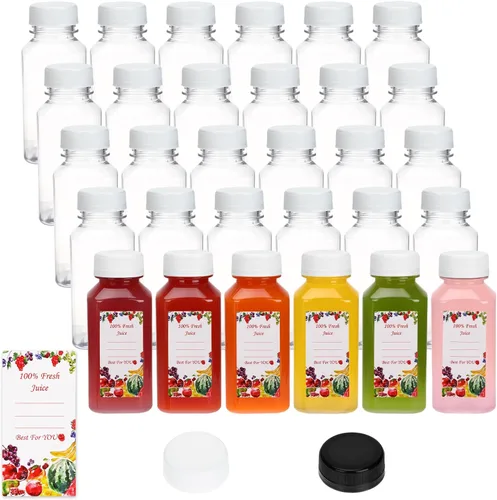 Vista 8 de SUPERLELE - 10 botellas de plástico para jugo de 12 onzas con tapas azules y negras