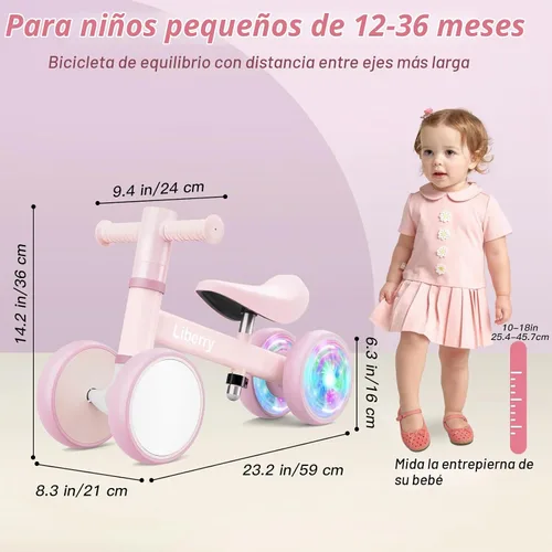 Vista 2 de Liberry Bicicleta de equilibrio para bebés con ruedas iluminadas de 1, 2, 3 años, sin pedales, 4 ruedas de silencio, primer juguete de equitación