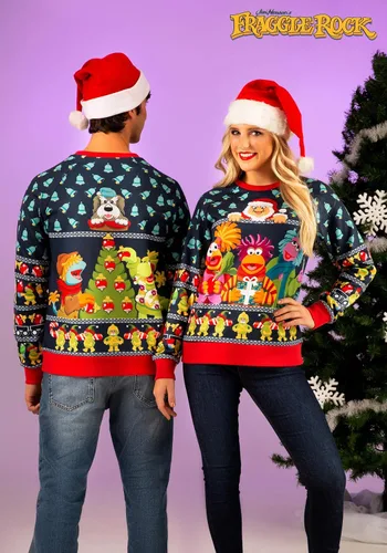 Vista 2 de FUN.COM Suéter feo de Navidad sublimado Fraggle Rock para adultos