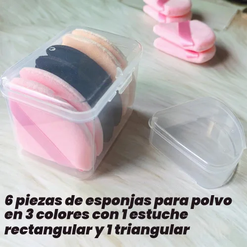Vista 2 de Ocim 6 piezas de esponjas triangulares para polvo facial, esponjas suaves de terciopelo para polvo de maquillaje con estuche, negro y nude 2-negro
