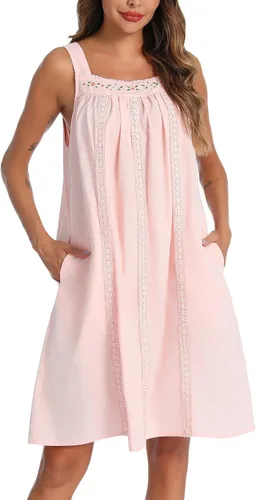 Vista 15 de YOZLY - Camisones de algodón sin mangas para mujer, camisón de tanque de noche con bolsillos A-Solid Blanco