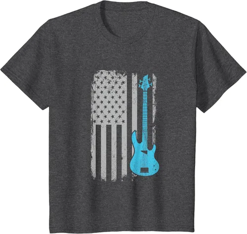 Vista 12 de Electric Bass Guitar Player American Flag Musician T-Shirt Asphalt Grey