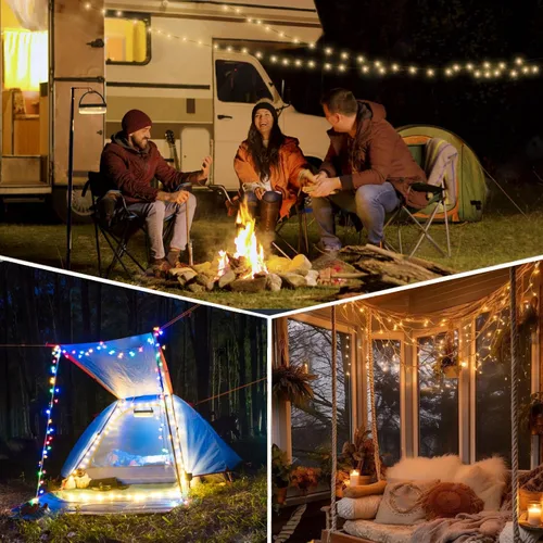 Vista 8 de Cadena de luces solares para campamento, 4 en 1, cadena de luces para acampar al aire libre (39.4 pies) con 8 modos de iluminación, funciona