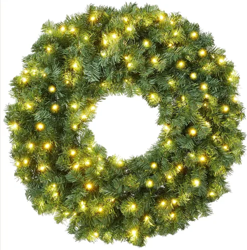 Vista 15 de Casafield Corona de Navidad artificial de abeto de 24 pulgadas, decoración navideña, 200 puntas de PVC para puerta delantera, ventana o mantel