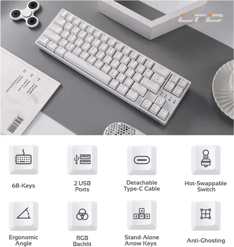 Vista 2 de LTC NB681 Nimbleback - Teclado mecánico con cable al 65%, retroiluminado RGB ultracompacto de 68 teclas para juegos con interruptor intercambiable