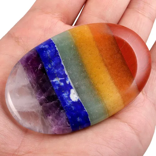 Vista 2 de SUNYIK Piedra tallada a mano con 7 chakras de cristal curativo para el pulgar, piedras pulidas en el bolsillo de la palma con forma ovalada