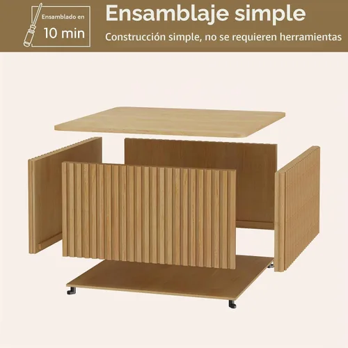 Vista 7 de HOKYHOKY Mesa de centro cuadrada acanalada con almacenamiento, mesa central grande de madera