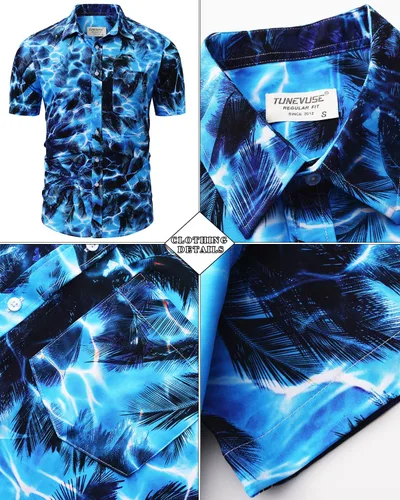 Vista 113 de TUNEVUSE Conjunto de camisas y pantalones cortos hawaianos para hombre, 2 piezas, trajes de playa con estampado de flores, traje tropical de verano