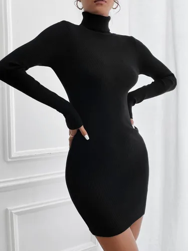 Vista 3 de OYOANGLE Vestido corto ajustado de punto acanalado de manga larga con cuello de tortuga para mujer