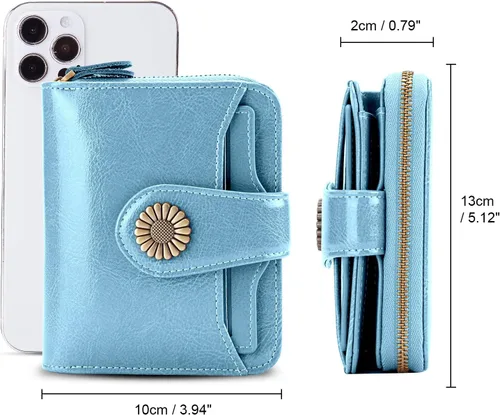 Vista 3 de INSIFEEL Billetera pequeña para mujer, bolso compacto de cuero con bloqueo RFID RFID para mujer, Azul claro, Retro