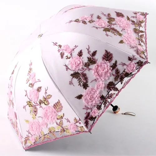 Vista 15 de Honeystore Sombrilla bordada con flor 3D plegable UV con encaje clásico