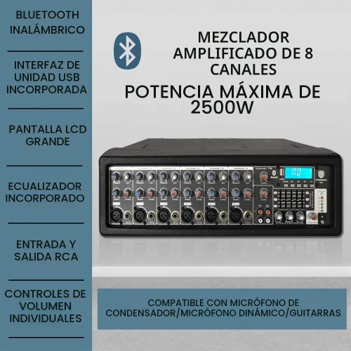 Vista 2 de PRORECK MX8 2500 P.M.P.O Mezclador Compacto de Estudio Alimentado de 8 Canales con Efectos Integrados e Interfaz de Audio USB