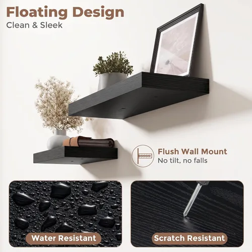 Vista 4 de 16 Inch Floating Shelves for Wall 2 Pack, 8"D Wood Grain Bathroom Shelves Acabado negro