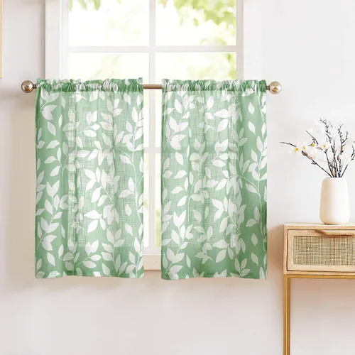 Vista 15 de Treatmentex Cortinas azules de cocina de 24 pulgadas con estampado de hojas blancas cortas para ventanas pequeñas, 2 paneles