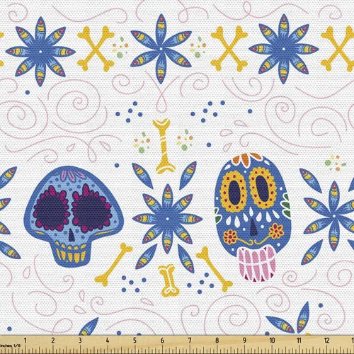 Vista 93 de Ambesonne Tela para Amantes de los Perros por Yarda, Perro Salchicha de Dibujos Animados Dachshund Cachorro con Pijamas a Rayas Flores y Mariposas